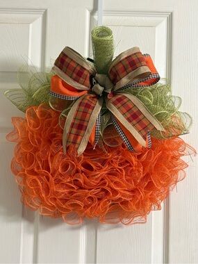Handmade Orange Pumpkin Holiday Wreath with Green Accents